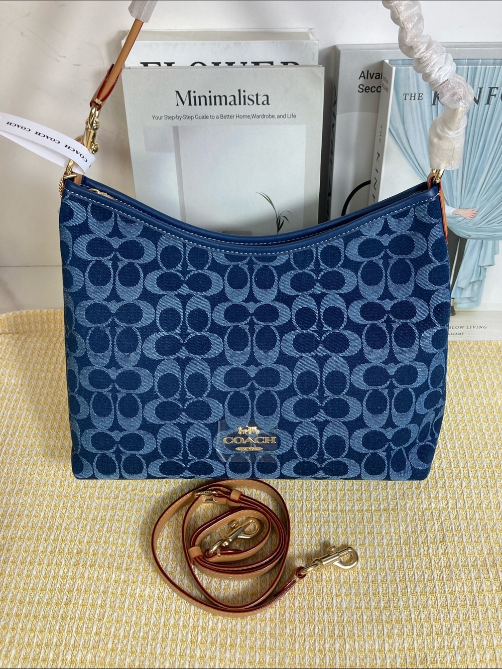 Coach Blue Signature Jacquard Shoulder Bag with Tan Strap